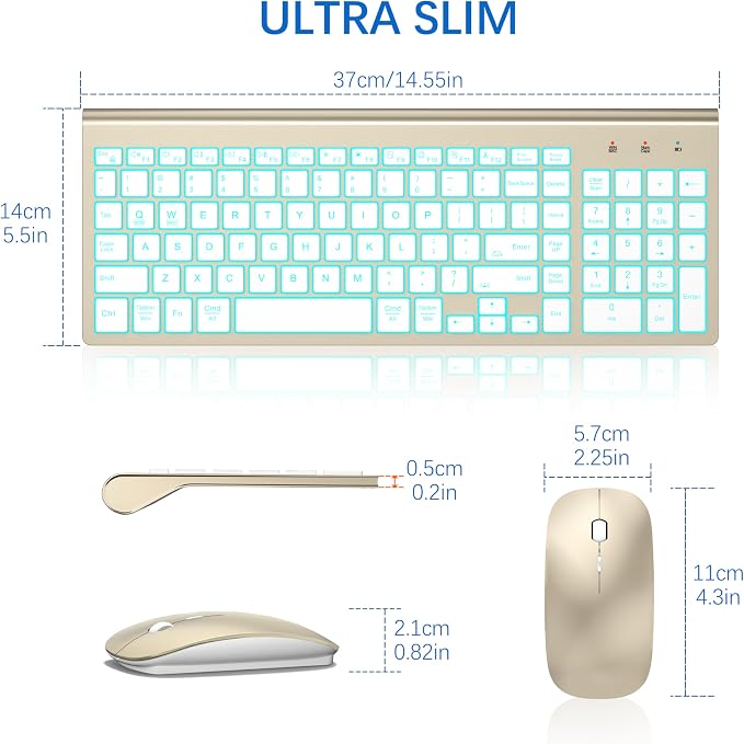 Wireless Backlit Keyboard and Mouse Ultra Slim Combo, TopMate - Gold White | 2.4G Silent Compact 2400DPI Mouse and Scissor Switch Keyboard Set, Batteries Included, for PC/Laptop/Windows/Mac/Gaming