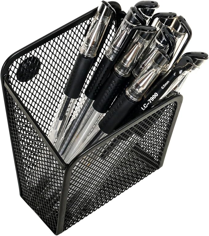 LUCYCAZ Magnetic Pen Holder,2 Pack Magnetic Pencil Locker Holder Organizer | Single Strong Magnets Mesh Marker Holder Pen Basket for Whiteboard, Refrigerator and Locker (Black)