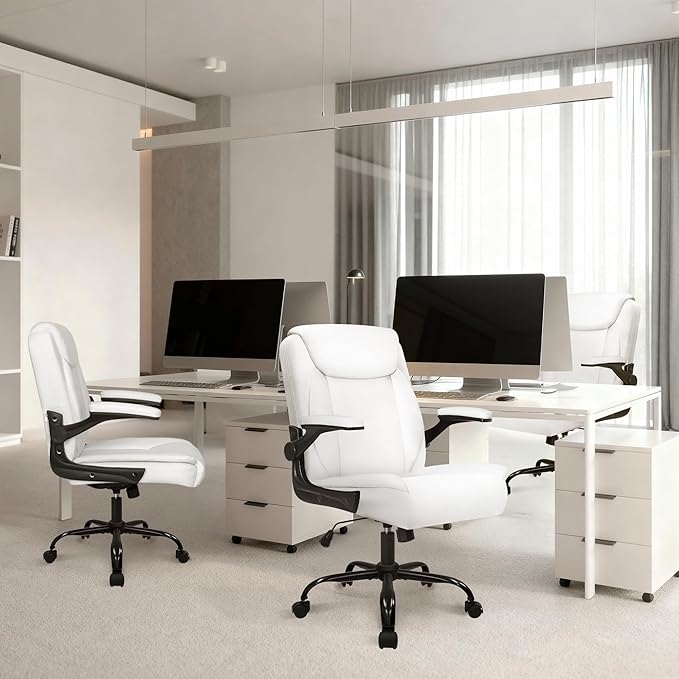 NEO CHAIR PU Leather Office Desk Chair with Adjustable Arms, White | Ergonomic Mid Back Computer Desk Chair Comfy with Wheels Swivel Rolling for Home Office Gaming Study