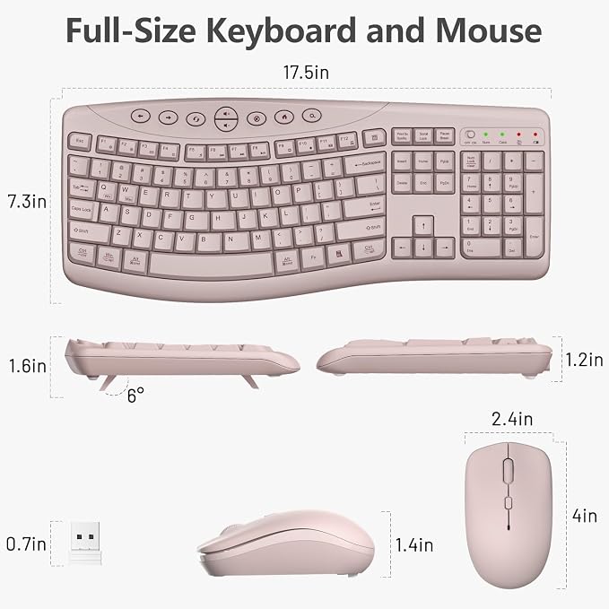 Wireless Keyboard and Mouse Combo, 2.4G Quiet Ergonomic Curved Keys(Pink)