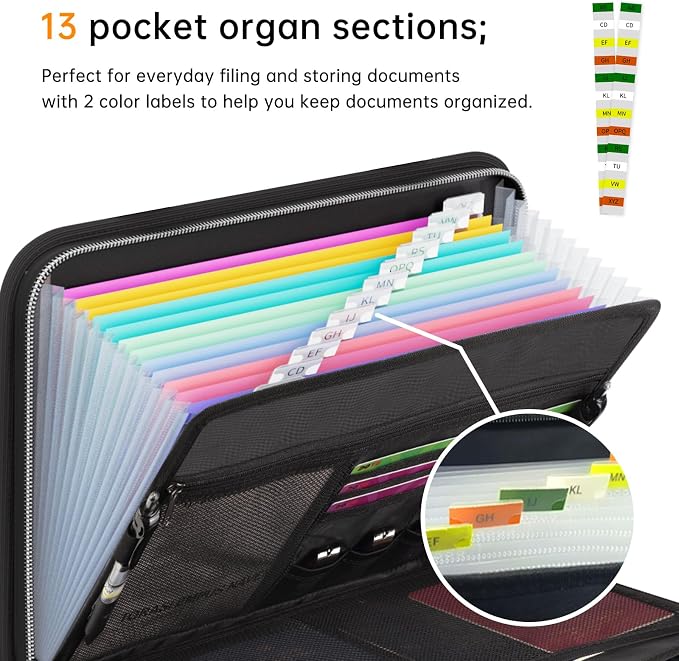Tamfile Fireproof Accordion File Organizer, 13 Pocket Expanding File Folder | Document Organizer with Handle, File Folder with Multi-Pockets Paper Organizer for A4 File, Black