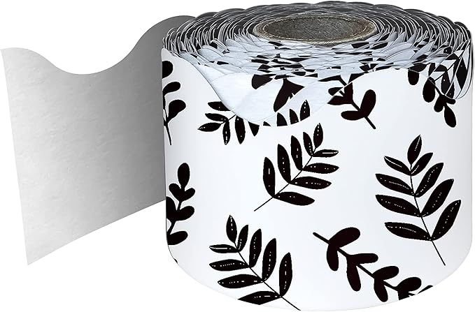 Carson Dellosa Farmhouse 65Ft of Black and White Bulletin Board Borders, 1 Roll of Scalloped Trim with Eucalyptus Leaves for Rolling Whiteboard, Cork and Posterboard, and Classroom Decor