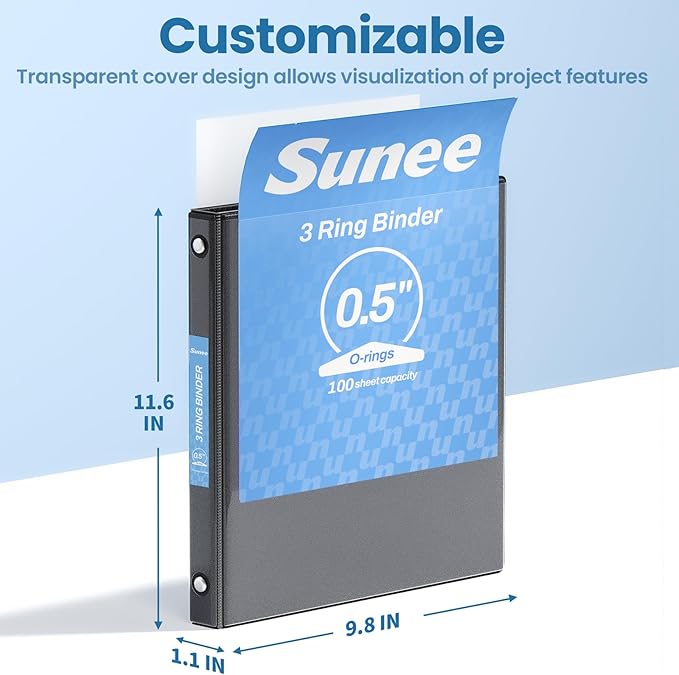SUNEE 3 Ring Binder 1/2 Inch 1 Pack, Clear View Binder Three Ring PVC-Free (Fit 8.5x11 Inches) for School or Office Supplies, Black