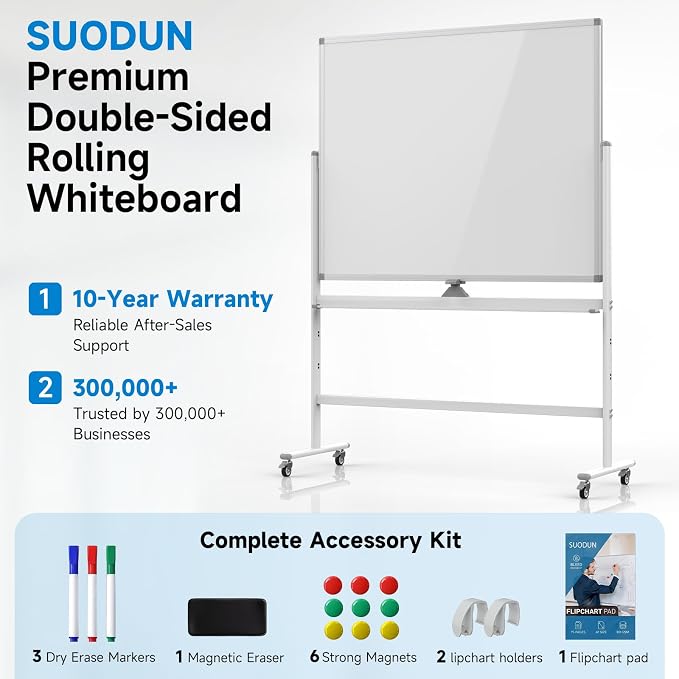 Mobile Rolling Whiteboard on Wheels 60"x 48" Double-Sided Magnetic | One-Piece Seamless Dry Erase Board with Aluminium Frame Stand, 3-Level Height Adjustable for Classroom, Office & Home (White)
