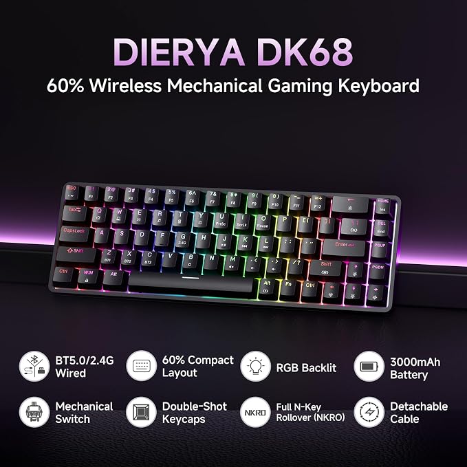 DIERYA DK68 60% Wireless Mechanical Gaming Keyboard, 3-Mode, Bluetooth 5.0/2.4G/USB-C, RGB Backlit, 68-Key Compact Mini for Windows, Mac, Linux - Clicky Blue Switch - Black