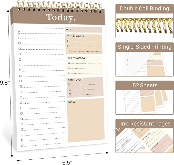 To Do List Notepad - Undated Daily Planner for Work and Goal Achievement | 52 Sheets, Large Writing Space, Ideal for Home, Office & School, Perfect for Daily Planning & Staying Organized, Khaki