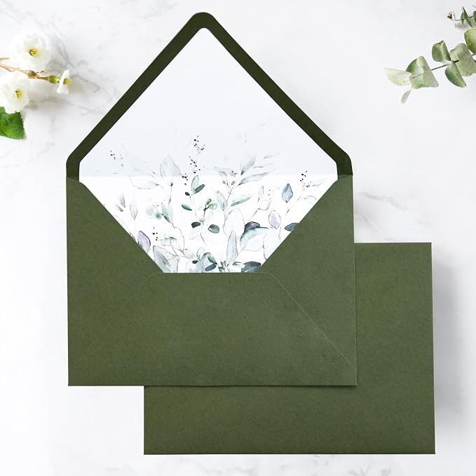 PONATIA 50PCS A7 Euro Flap Envelopes, 5.25 x 7.25'' Liner Envelope For 5x7'' Weddings Invitation Cards, Christmas Gift Cards, Acrylic Invitations, Photos (Olive Green)