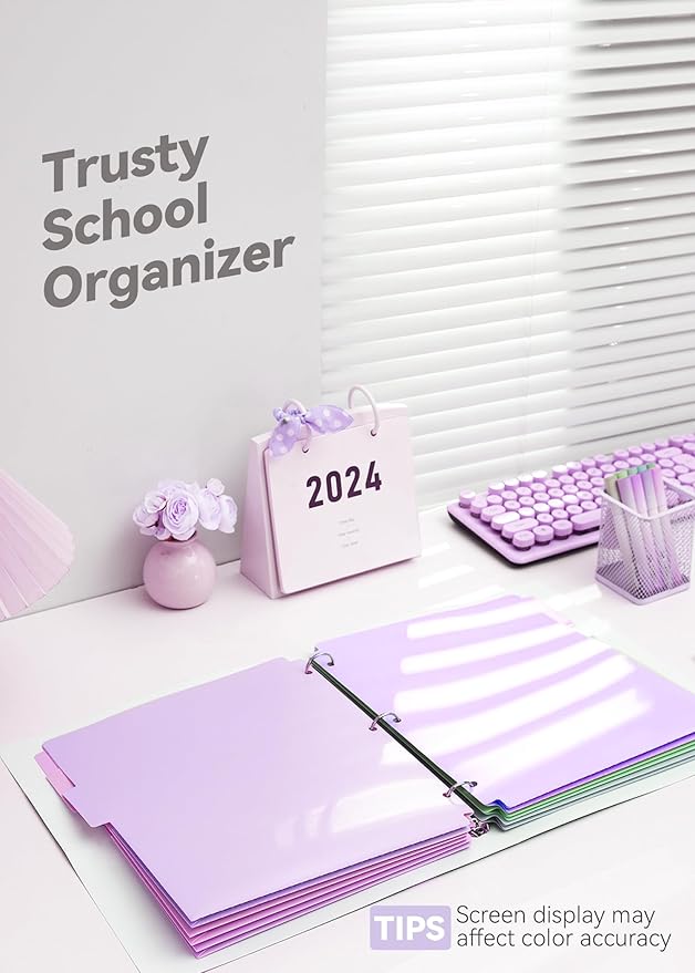 Plastic Folders with Pockets 3 Hole Punched, 6 Pack Purple Pocket Folders for 3 Ring Binder, Unique 1/3 Cut Tabs with Colorful Labels, Letter Size