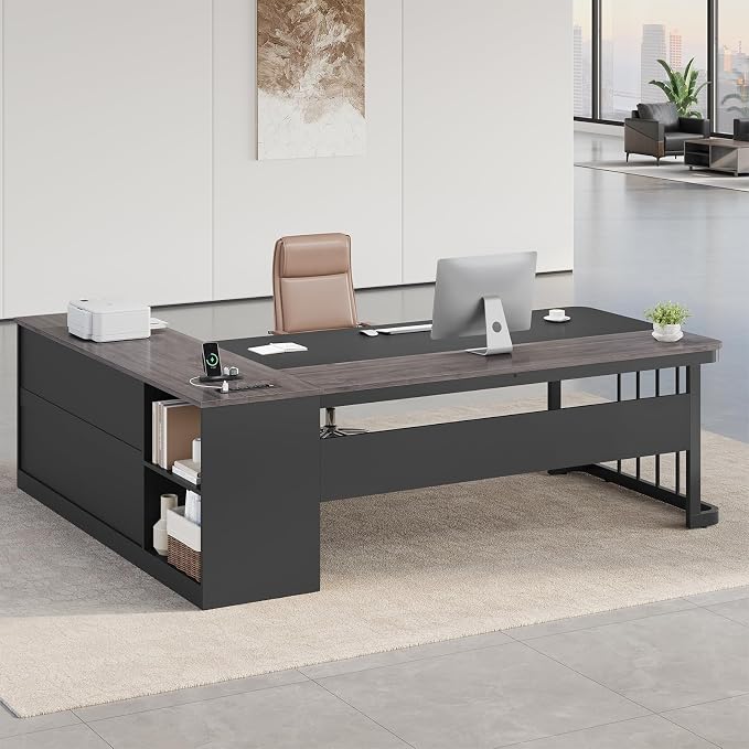 71" Executive Desk, Large Office Desk with Drawers & Storage Shelves, Modern L Shaped Computer Desk Corner Desk with Power Outlets, File Cabinet, Business Furniture Desk Workstation (Grey)