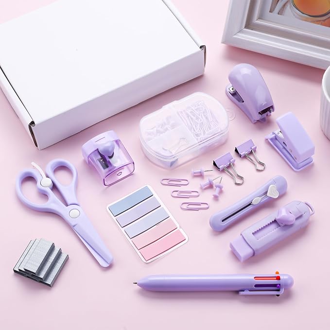 Purple Mini Office Supply Kit Mini School Supplies Desk Accessory Set Includes Mini Stapler Pencil Sharpener Staple Remover Hole Punch Ballpoint Pen Scissor Box Cutter Paper Clips Sticky Index Tabs