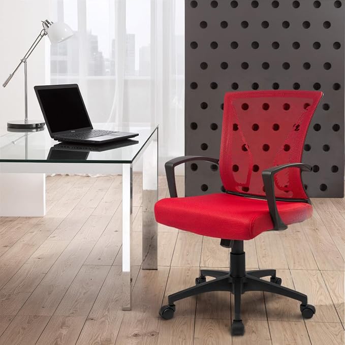 Furmax Office Chair Ergonomic Computer Desk Mesh Chair Mid Back Swivel Lumbar Support with Armrest (1, Red)