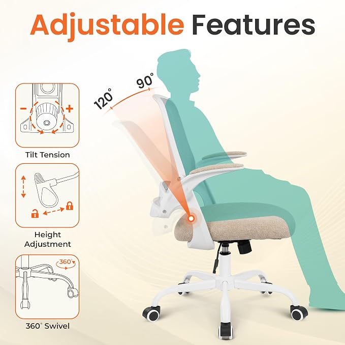 NEO CHAIR Office Computer Chair Ergonomic Mesh Back Flip-Up Arms, Beige | Lumbar Support, Smooth-Rolling Casters, Height Adjustable Seat, Comfortable Seating for Office, Study and Computer Work