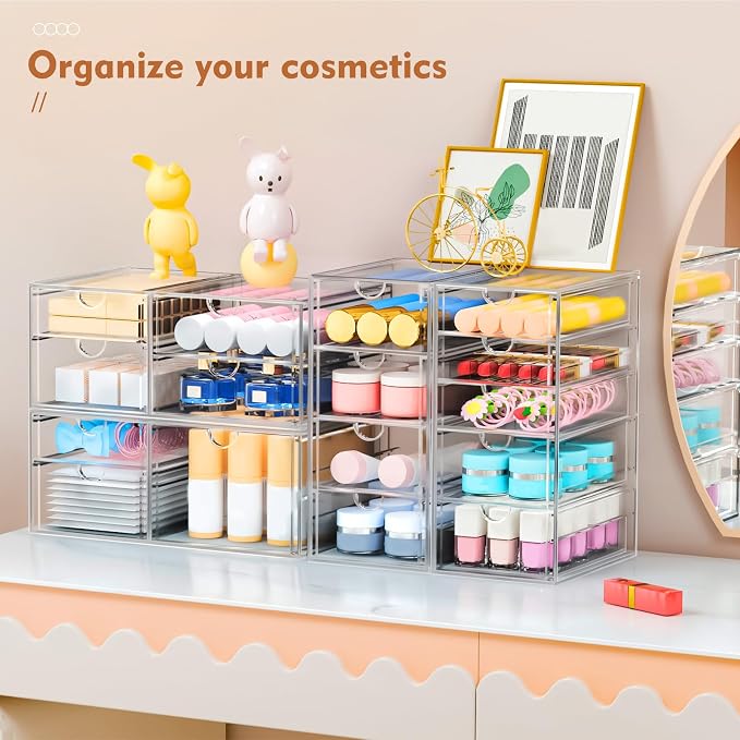 ARSTPEOE 17-Drawer Acrylic Storage & Makeup Organizer for Desk, Bath | Smooth-glide drawers, clear acrylic, 4-set stackable, dustproof, wipe-clean, for serum samples, sheet masks, bobby pins