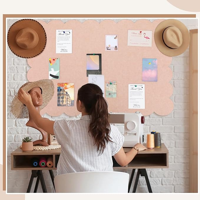 Mooliwe Scalloped Felt Bulletin Cork Board Foldable Flesh Pink 48 * 36 Inch | 4' x 3' Trifold, Self Adhesive, Picture Vision Board, Cork Alternative for Wall, Pin Bulletin Decorative for Office Bedroom