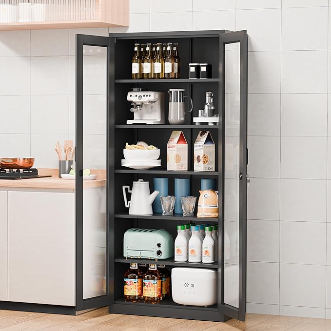 VINGLI Lockable Display Cabinet with Glass Doors & 5 Adjustable Shelves, 71" Tall Black Metal Storage Cabinet Curio Liquor, Bookshelf Bookcase for Home Office Living Room Pantry Garage