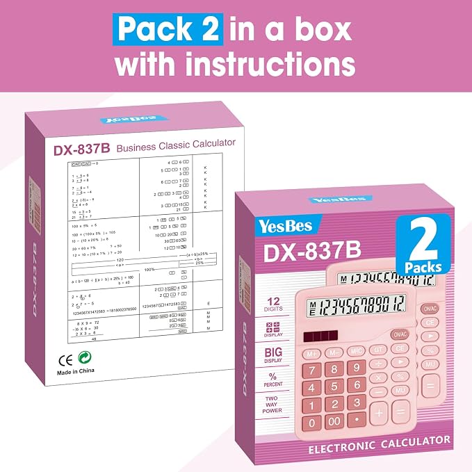 2 Pack Calculator, Pink Calculators Desktop 12 Digits with Large LCD Display and Sensitive Butto, Solar and Battery Dual Power, Desk Calculator