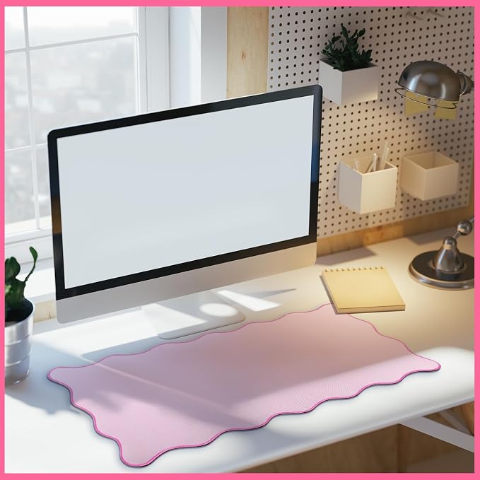 Hahafelt Scalloped Desk Mat Waterproof,Pink,23.6 X 13.8 Inches | Coquette Preppy Style for School Office Makeup Vanity, Nonslip Gaming Desktop Protector with Scalloped Stitched Edge Mat