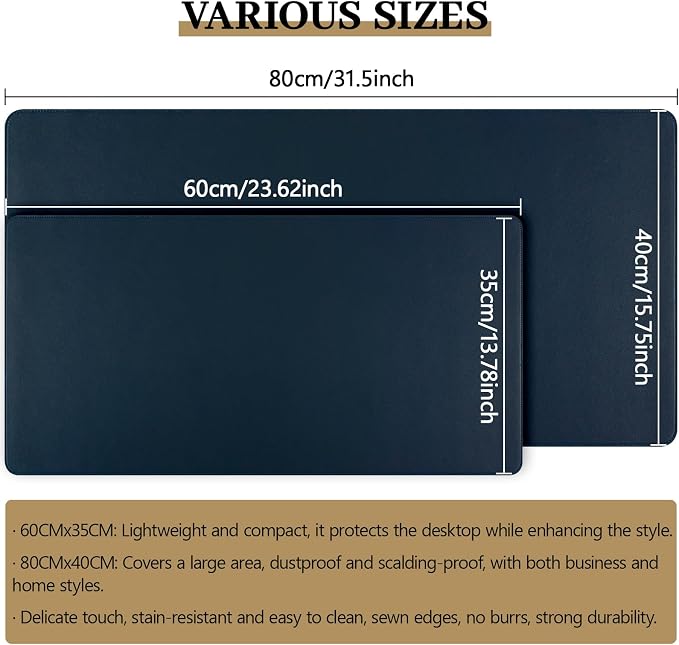 Dark Blue Leather Desk Pad Large Mouse Pad, 31.5"x15.7" | Waterproof Desk Mat for Keyboard and Mouse, Non-Slip Computer Desk Protector, Smooth Mouse Control for Home Office