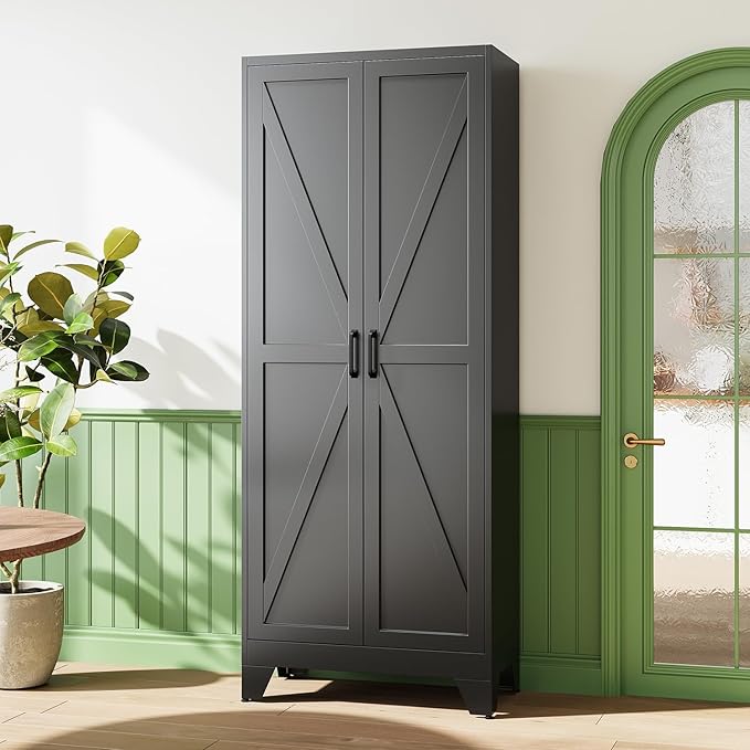 Letaya 75" H Metal Storage Cabinet with 2 Doors and 4 Shelves,Tall Kitchen Pantry Cabinets,Farmhouse Utility Pantry Organizers for Cupboard/Dining/Bathroom/Home Office/Garage Room,Black