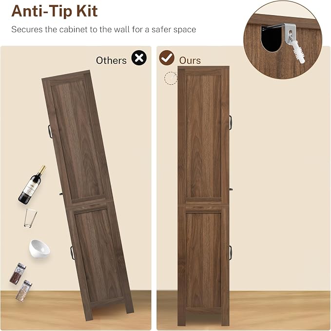Tall Storage Cabinet with 2 Adjustable Shelves & 1 Large Drawer, Kitchen Pantry Cabinet with 4 Doors, Bathroom Storage Cabinets, for Living Room, Kitchen, Bathroom, Walnut