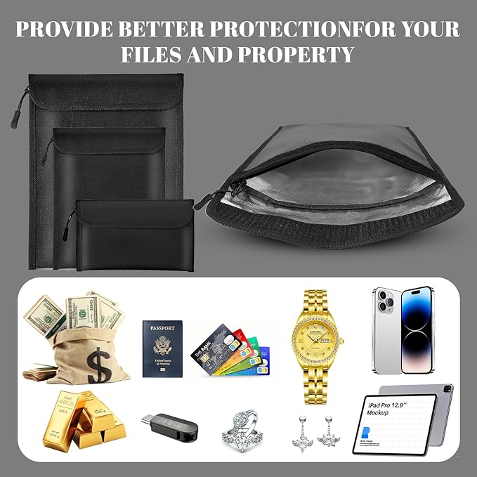 Fireproof Waterproof Document Bag 3-Pack Black 2000β Money Bag for Cash Passports ID Cards Social Security Card Protector Waterproof Zipper Pouch Fire Proof Bank Bag Document Holder