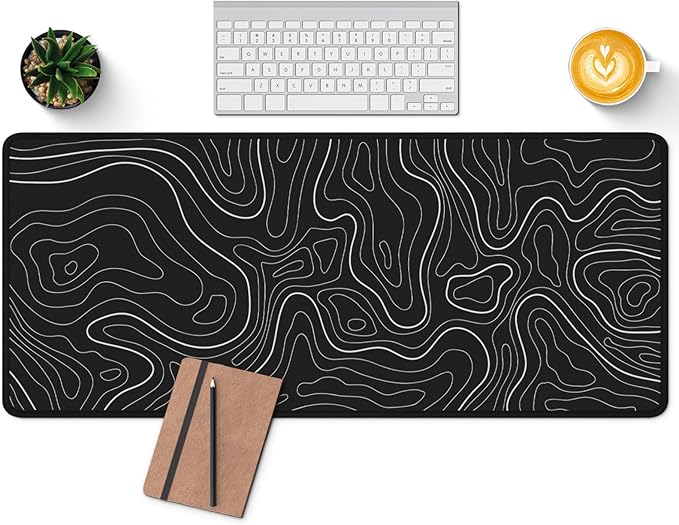Large Computer Mouse Pad with Non-Slip Base for Desktop, Cute Gaming Mouse Mat with Stitched Edges, Long Extended Anime Mousepad for Laptop, 31.5 x 11.8 inches (Black Topographic Map)