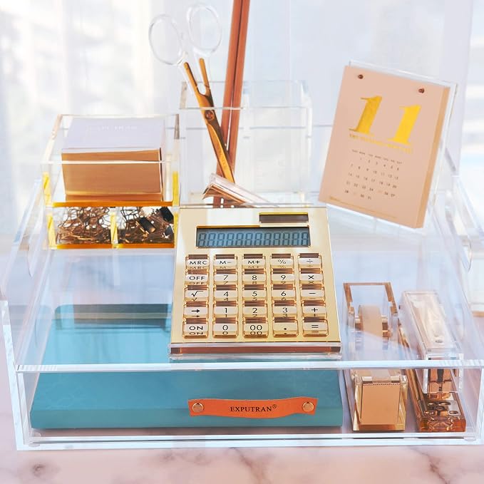 Acrylic Calculator with Stand, Battery and Solar Hybrid Powered Basic Calculator 12-Digit LCD Display,Home Office Desktop Accessories(Gold)
