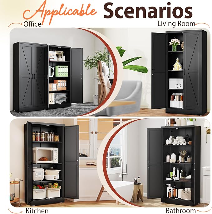 PAOFIN 63" Black Metal Storage Pantry Cabinet | Tall Kitchen Pantry Storage Cabinets with 2 Doors and 3 Shelves, Large Cupboard for Home,Kitchen,Dining/Living Room