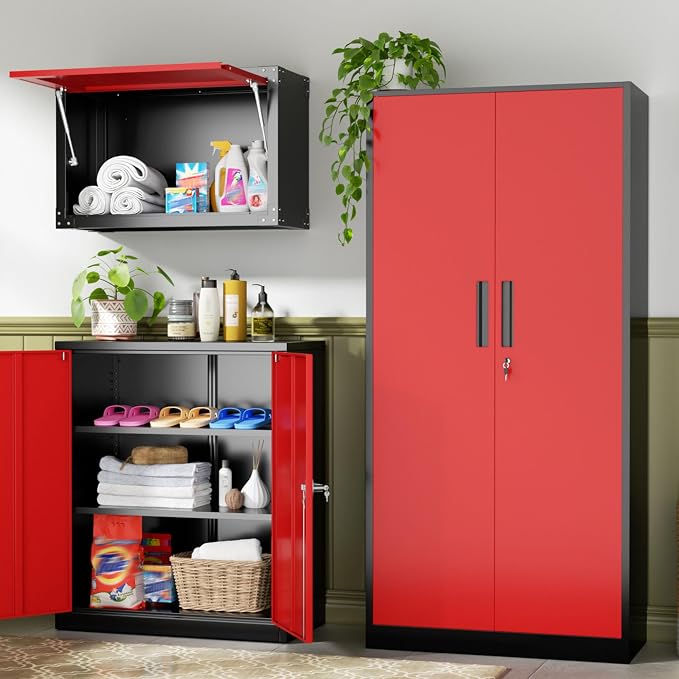 Metal Storage Cabinet, 72" Locking Steel Cabinets with 2 Door and 4 Adjustable Shelves, Tall Metal Cabinet for Home Office, Garage, Warehouse, Black Red