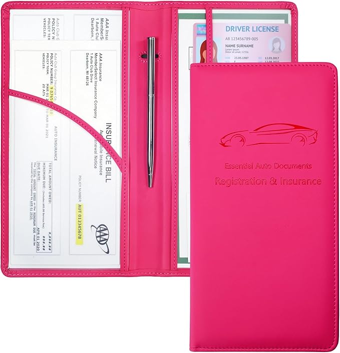 Yarnic Car Registration and Insurance Holder, Car Document Holder with Magnetic Closure, Registration and Insurance Card Holder Car Organizer Glove Box Compartment Organizer for Men Women (Hot Pink)