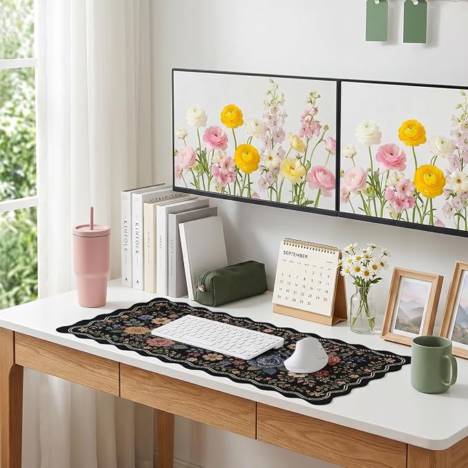 Vintage Floral Scalloped Desk Mat Colorful Sage Orange Blue Flowers Mousepad XL Large Gaming Mouse Pad Laptop Keyboard Mat Desk Pad Office Home Decor for Women Girl 31.5"x15.7"