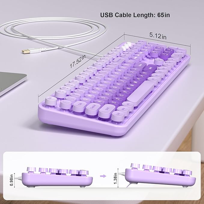 MOWUX Computer Keyboard Wired, Plug and Play USB Retro Round Typewriter Keyboard, Full Size Wired Keyboard with Foldable Stands for Laptop and Office PC- LED Backlit Black
