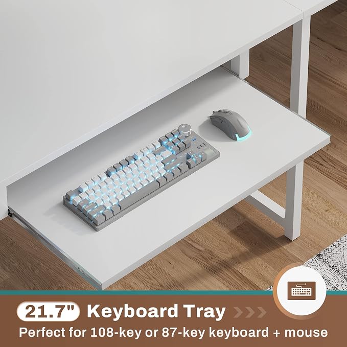 SEDETA White L Shaped Gaming Desk with Hutch, Power Outlet and Pegboard | Reversible 94.5" Computer Desk Two Person Desk, Corner Desk with Storage Shelf Keyboard Tray and LED Lights for Home Office