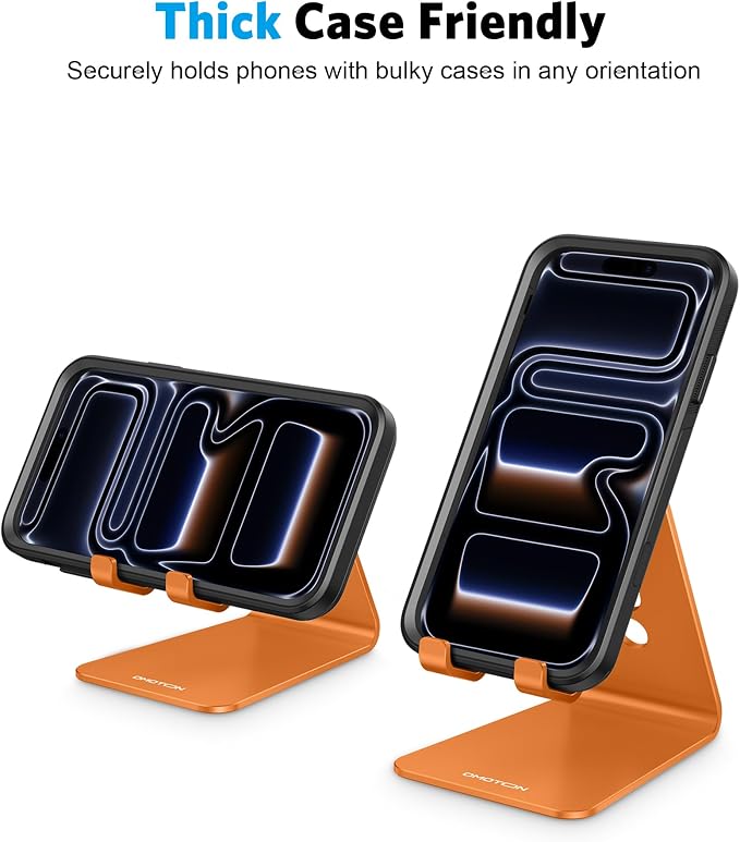 OMOTON Adjustable Cell Phone Stand, Aluminum Desktop Cellphone Stand with Anti-Slip Base and Convenient Charging Port, Fits All Smart Phones, Orange | Sturdy 3mm Aluminum, Charging Port, 270° Adjustable, Non-Slip Silicone Pads, Works with Thick Cases, ...