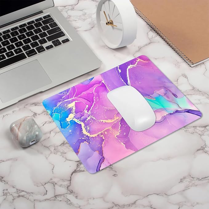 Purple Pink Blue Marble Mouse Pad, Liquid Gold Paint Marble Mouse Pads, Modern Mousepad Design, Colorful Small Mouse Mat for Women Girls Computer Laptop Office, 9.5 X 7.9 Inch