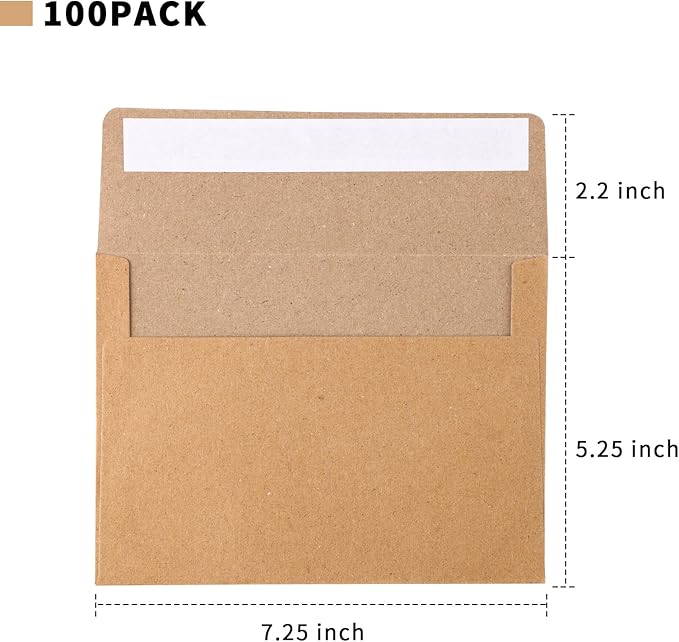 Granhoolm 100 Pack 5x7 Envelopes,Envelopes for 5x7 Cards,5x7 Envelopes for Invitations 5.25 x 7 .25 For 5x7 Cards - Peel & Press,Ideal for Invitations,Weddings,Greeting Cards(Kraft)