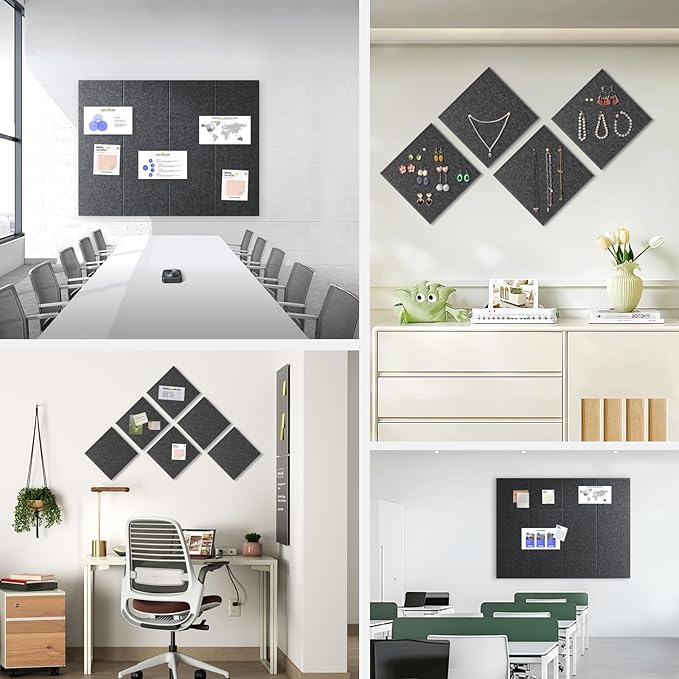 36" x 24" Large Felt Bulletin Board 1/2" Thick, Dark Gray | 6 Pack Felt Tiles, Cork Board Alternative, 30 Adhesive Tabs, Pin Board for Home Office Decor with Easy Install