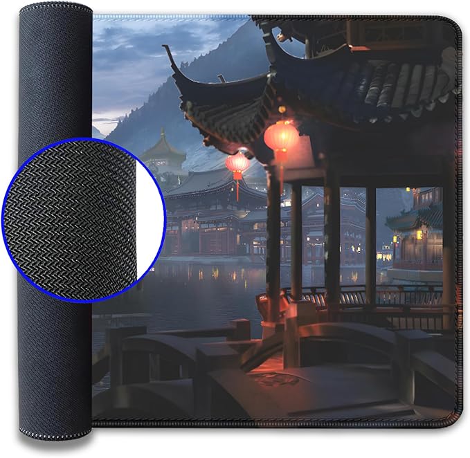 Japanese Style Ancient Pavilion Sky Mountains Extended Desk Pad Mouse Pad,Stitched Edges Non-Slip Rubber Base XL Mouse Mat Desk Mat for Office Home Work Mousepad(27.5X11.8 Inch)