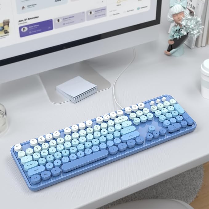 MOWUX Computer Keyboard Wired, Plug and Play USB Retro Round Typewriter Keyboard, Full Size Wired Keyboard with Foldable Stands for Laptop and Office PC- Black Purple Gradient