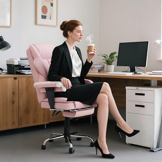 6-Point Massage Executive Chair,Heat Office Chair,Ergonomic Home Office Desk Chairs with Retractable Footrest and Reclining Function,Leather Computer Chair with Adjustable Armrest(โPink)