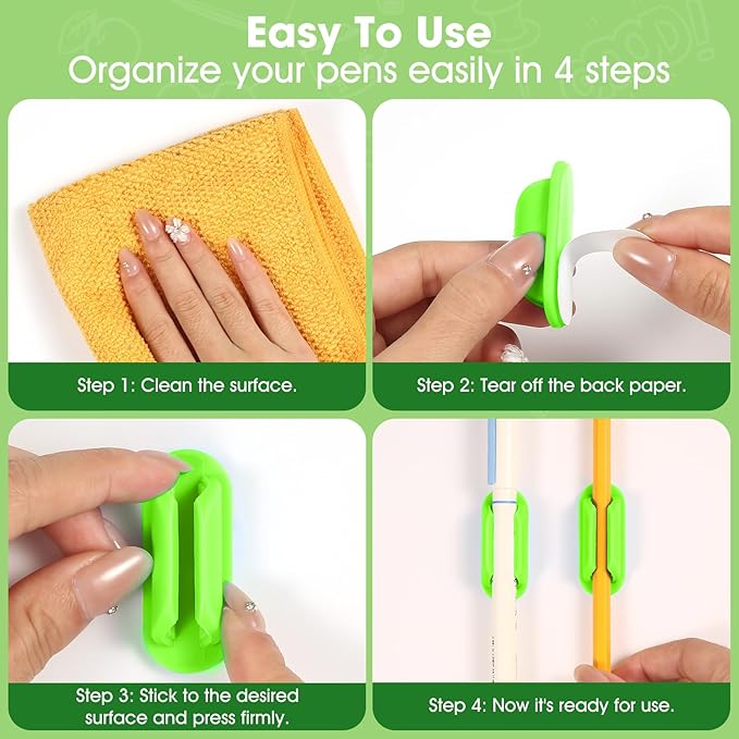 20 PCS Adhesive Pencil Holders for Desk, Silicone Pen Holder for Notebook Wall Clipboard, Durable Pencil Holder for Classroom School Office Home Teacher Student Supplies, Green