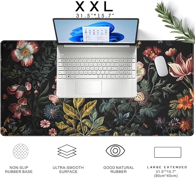 Floral Desk Mat Dark Academia Vintage Aesthetic Desk Pad Flower Plant Large Gaming Mousepad Black Extended Mouse Pad XXL Laptop Computer Mouse Keyboard Mat 31.5 x 15.7 Office Desk Decor