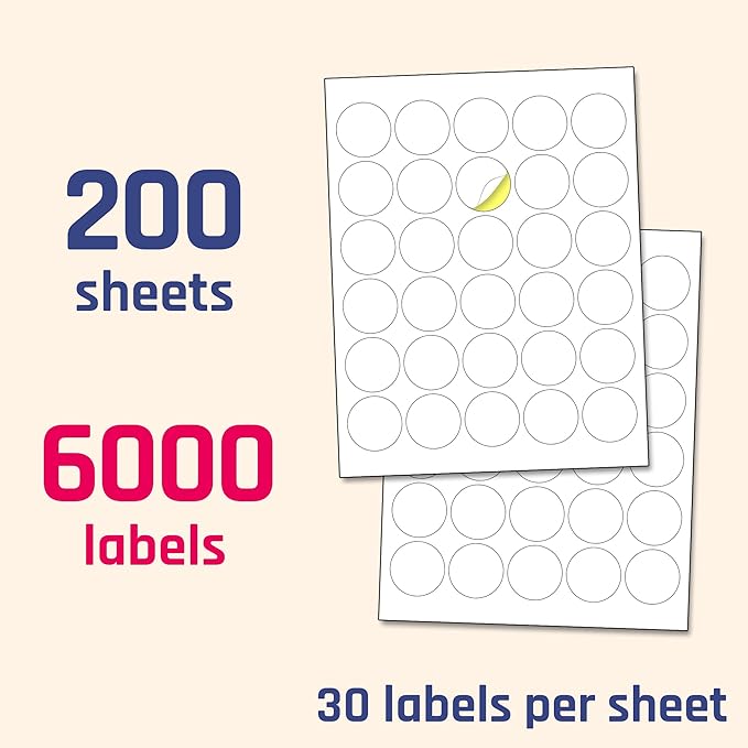 1.5" Round Matte White Sticker Label, Laser/Inkjet Printing - Letter Size, 200 Sheets