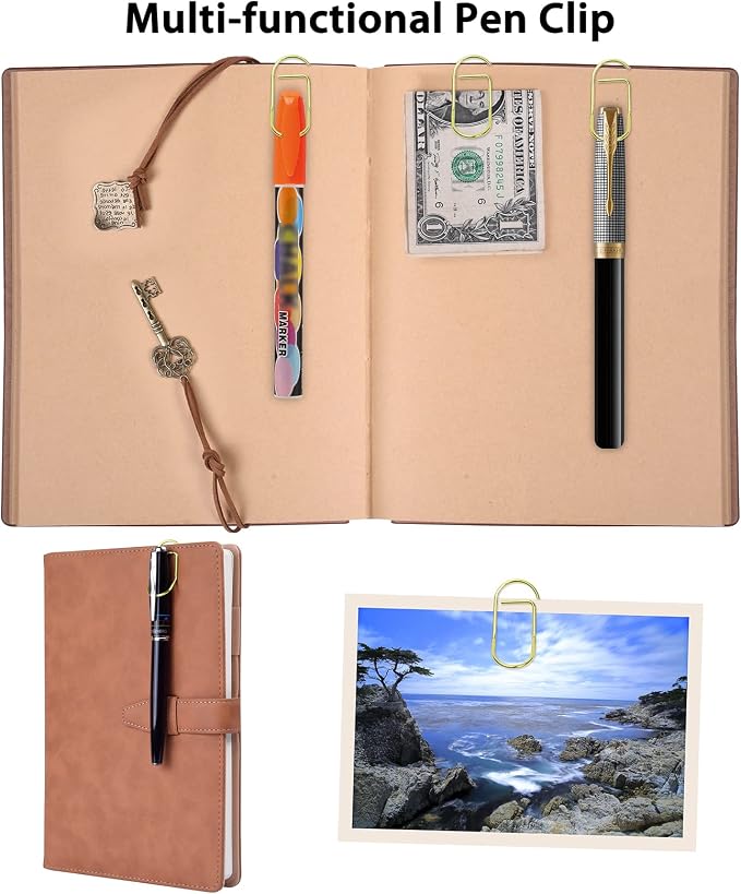 Wisdompro 12 Pack Paper Clip Pen Holder for Notebook, Journal, Gold | Stainless Steel, Large Paperclip Pencil Holder for Travelers Planner, Book, Binder, Clipboard, Bible, Fits Most Pen Sizes