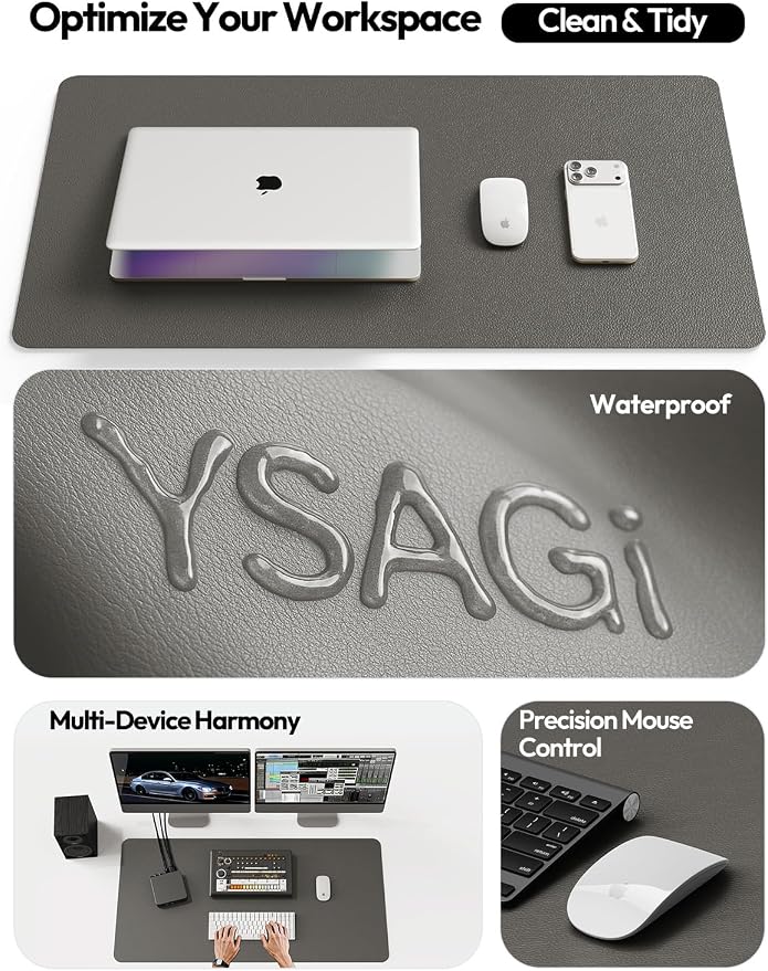 YSAGi Leather Desk Protector, Office Mat, Large Mouse Mat, Non-Slip PU Leather Blotter, Laptop Desk Pad, Waterproof Writing Pad for Office and Home (Dark Grey, 47.2" x 23.6")
