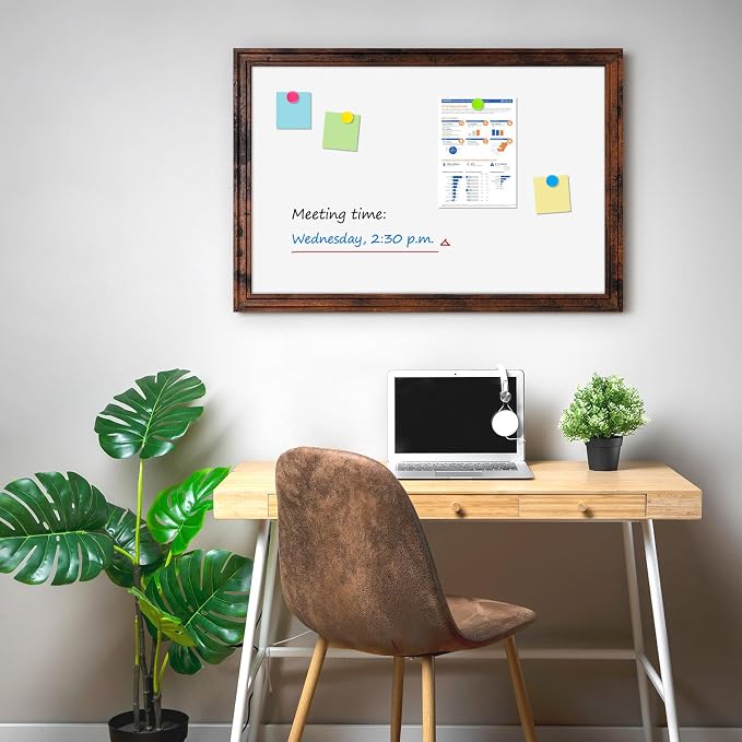 White Board for Wall, 36'' x 24'' Magnetic Dry Erase Board, Brown | Wooden Frame, Decorative Whiteboard, Wall Mounted, for Home, Office, Kitchen, Dorm, 4 Markers, 6 Magnets, A Eraser