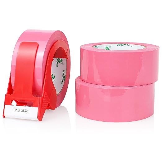 BOMEI PACK Pink Packing Tape with Dispenser, 2.4 Mil 1.88 Inch x 110 Yards, 3 Refills Rolls Color Box Tape for Moving, Shipping and Packaging
