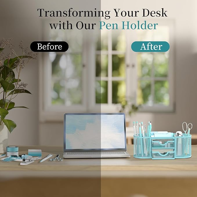 Mesh Desk Organizer, Desk Organizers and Accessories, Pen Holder with Drawers, Pencil Holder for Desk with 2 Drawer for Office Supplies, Blue