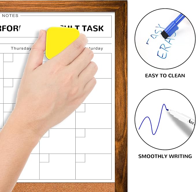 White Board Calendar Dry Erase Board for Wall, Magnetic WhiteBoard, 17"x13" | Hanging Board, Brown Wood Frame White Board and Cork Board Combo, Calendar Bulletin Board for Kitchen Planner Memo Office