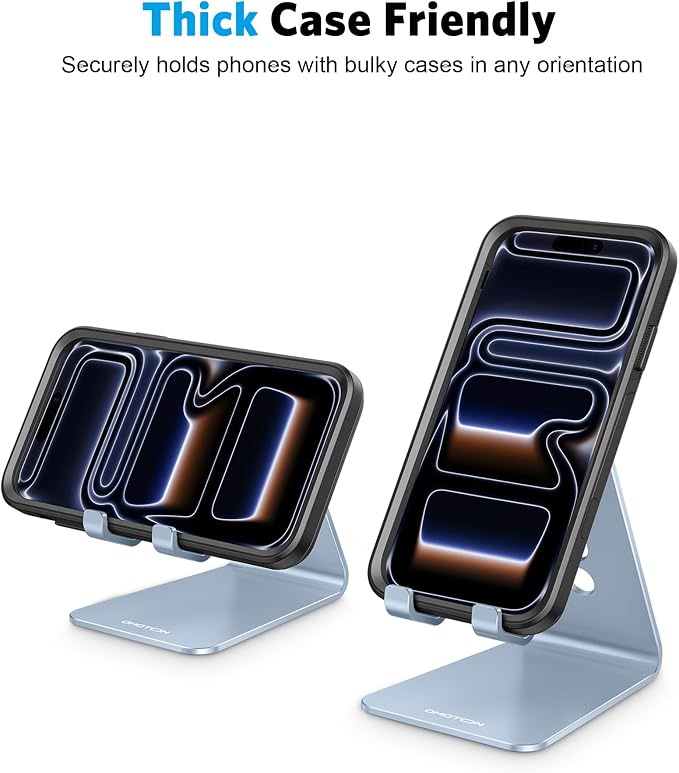 OMOTON Adjustable Cell Phone Stand, Aluminum Desktop Cellphone Stand with Anti-Slip Base and Convenient Charging Port, Fits All Smart Phones, Light Blue